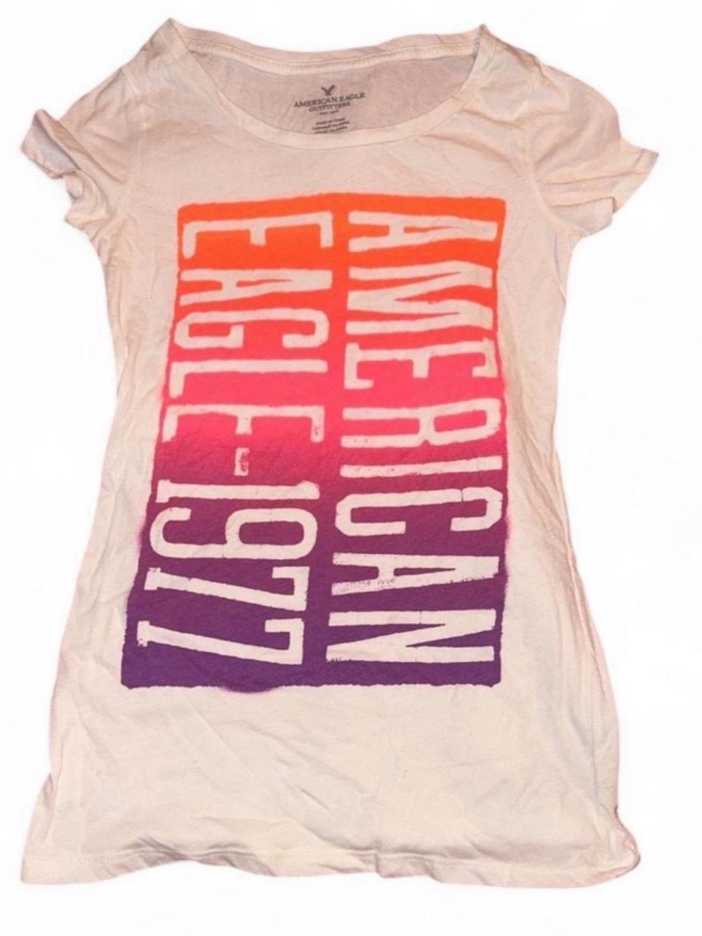 American Eagle Outfitters White Tee with Pink, Orange and Purple Ombre Logo